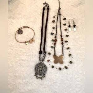 Womens 3 Necklaces Alex & Ani Clover Bracelet Fish Hook Bead Earrings Earth Tone